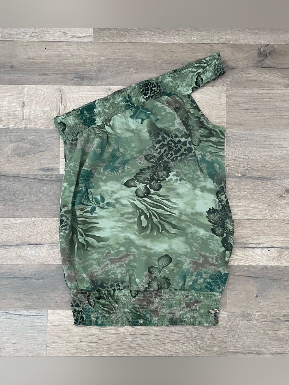 Vintage Y2K Guess Green Floral Animal Print One-Shoulder Crop Top XS
